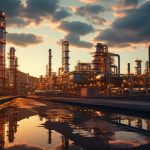 Industrial zone with pipelines and equipment at sunset.