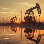 Oil pumps work rhythmically against the backdrop of  dusky sky.